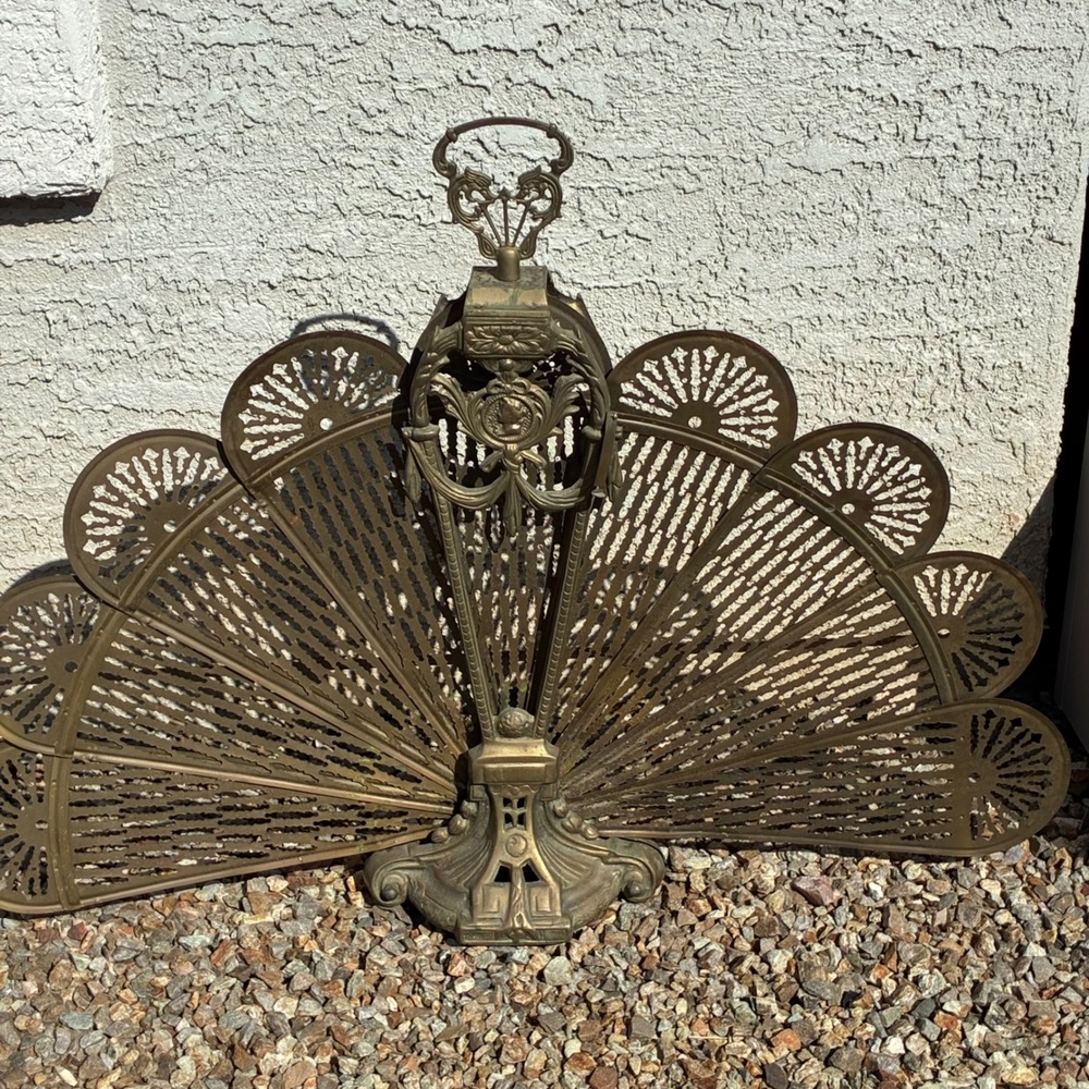 Vintage Fireplace Screen Brass Peacock Fan Folding Ornate Decor Art Deco